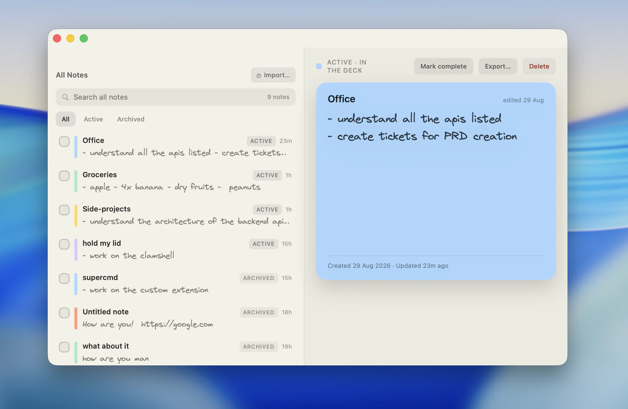 The All Notes window: a searchable list of every note with its colour bar, state chip and edited time, filtered by All, Active or Archived, beside a pane showing the selected note in full.