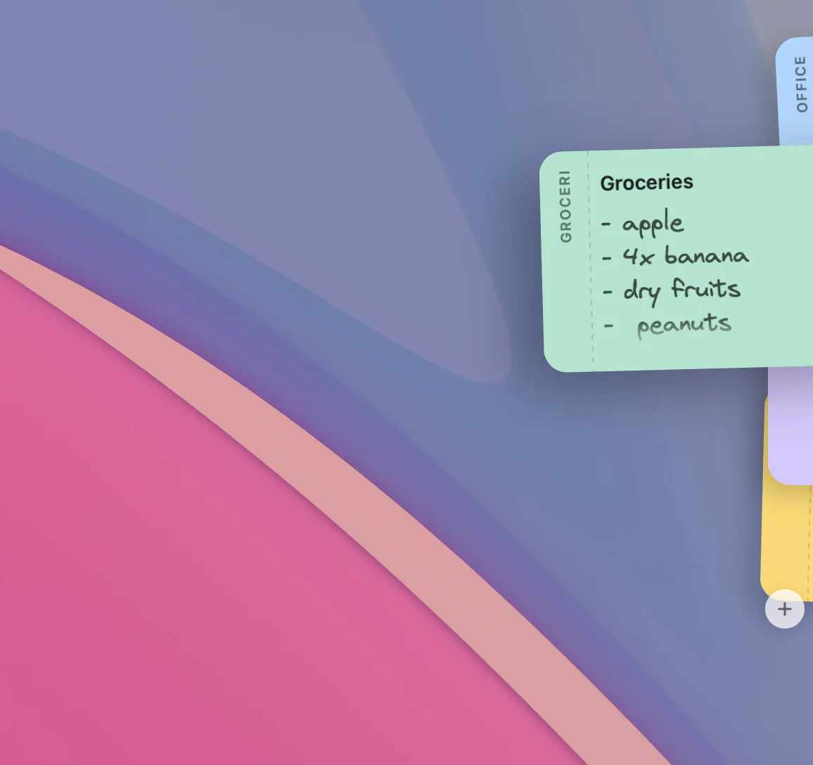 One note expanded out of the deck, showing the title Groceries and a handwritten list: apple, 4x banana, dry fruits, peanuts.