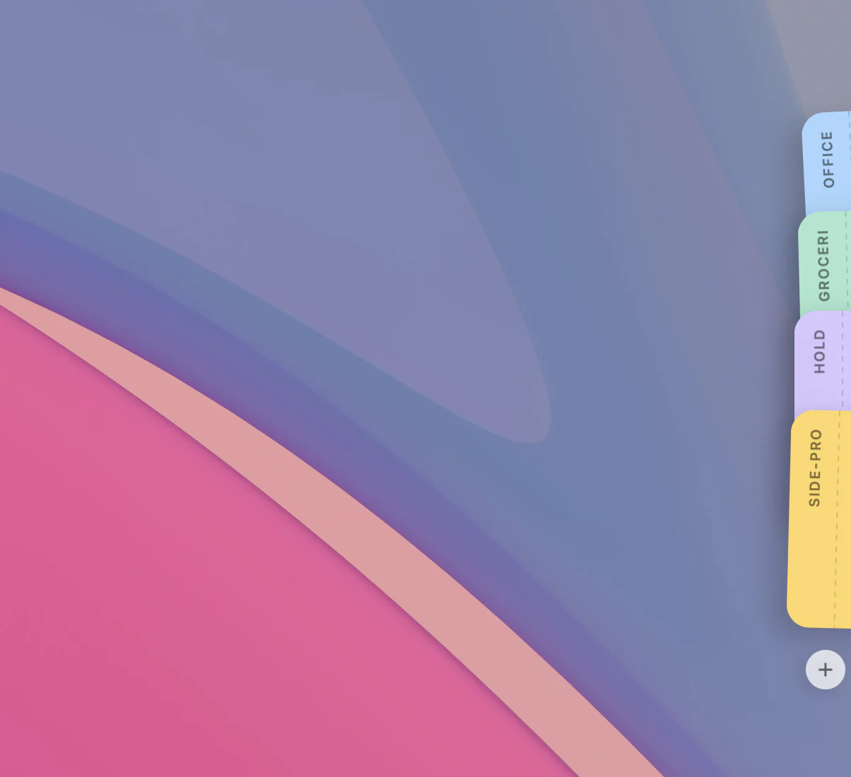 Four notes shingled down the right edge of the screen, each showing a vertical label: Office, Groceries, Hold, Side-projects, with a plus button below them.